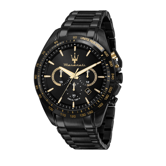 Maserati Traguardo Limited Edition Chronograph Stainless. A brand-new Maserati Traguardo watch featuring a Black dial and a Stainless steel strap. Side view.