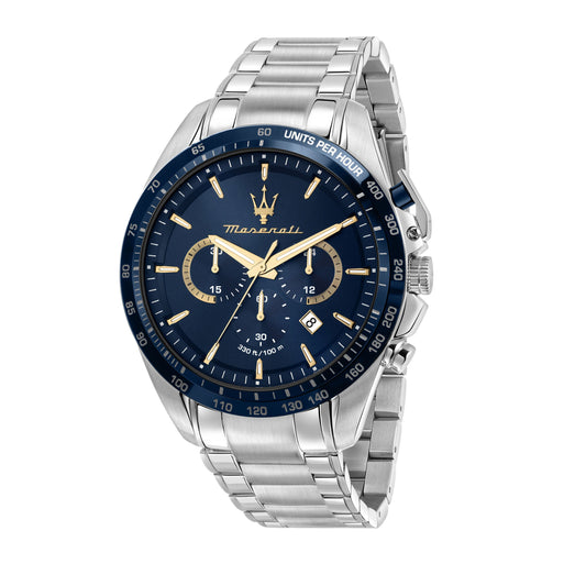 Maserati Traguardo Limited Edition Chronograph Stainless. A brand-new Maserati Traguardo watch featuring a Blue dial and a Stainless steel strap. Side view.