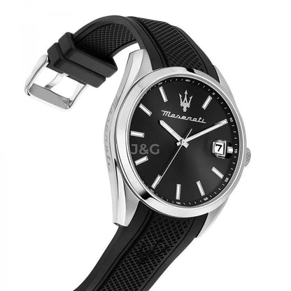 Maserati Attrazione Quartz movement Black Rubber Male R8851151004-. A brand-new Maserati Attrazione watch featuring a Black dial and a Rubber strap. Side view. - view 3