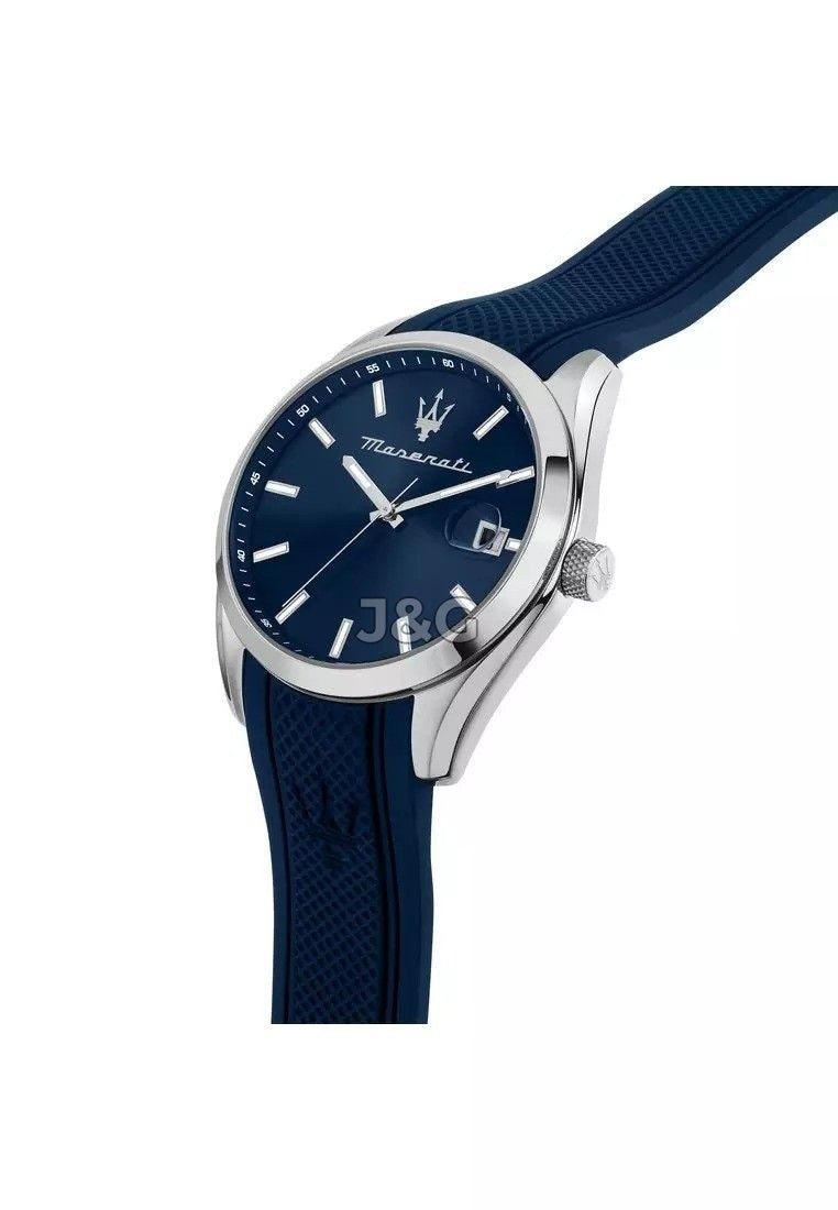 Maserati Attrazione Quartz movement Blue Rubber Male R8851151005-. A brand-new Maserati Attrazione watch featuring a Blue dial and a Rubber strap. Side view. - view 2