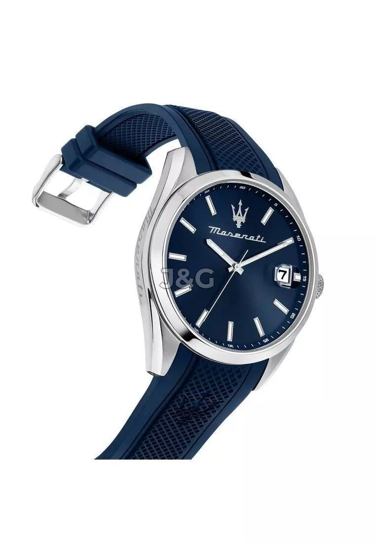 Maserati Attrazione Quartz movement Blue Rubber Male R8851151005-. A brand-new Maserati Attrazione watch featuring a Blue dial and a Rubber strap. Side view. - view 3