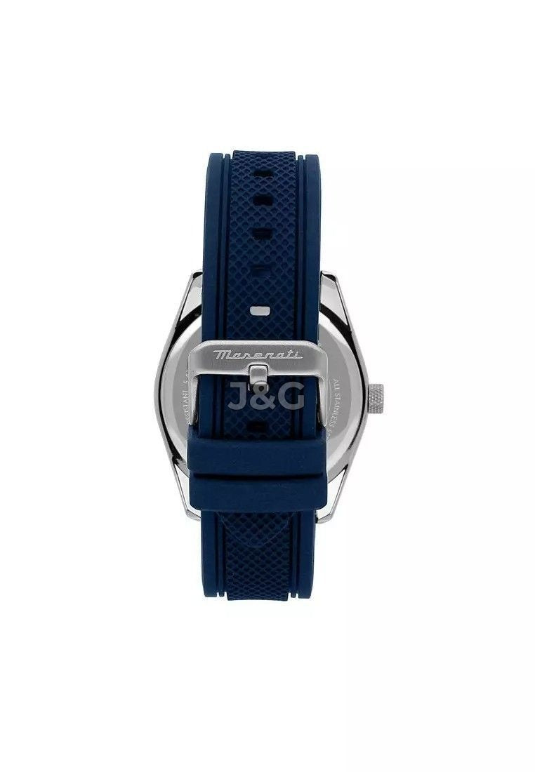 Maserati Attrazione Quartz movement Blue Rubber Male R8851151005-. A brand-new Maserati Attrazione watch featuring a Blue dial and a Rubber strap. Side view. - view 5