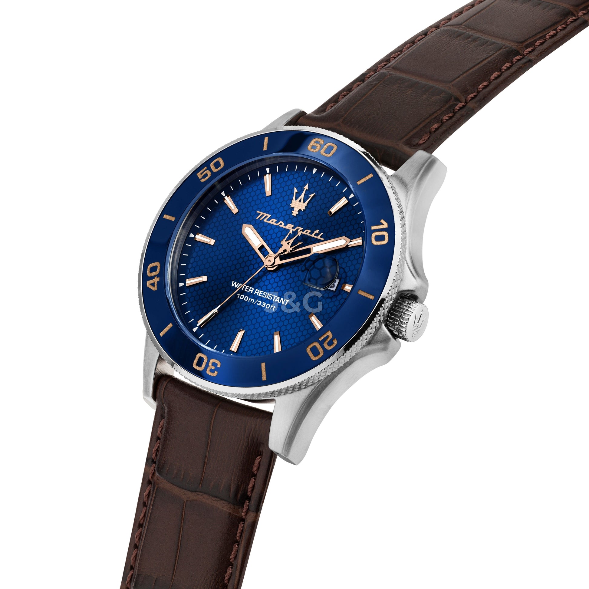 Maserati Competizione Date display Blue Leather Male R8851100004-. A brand-new Maserati Competizione watch featuring a Blue dial and a Leather strap. Angled view. - view 5