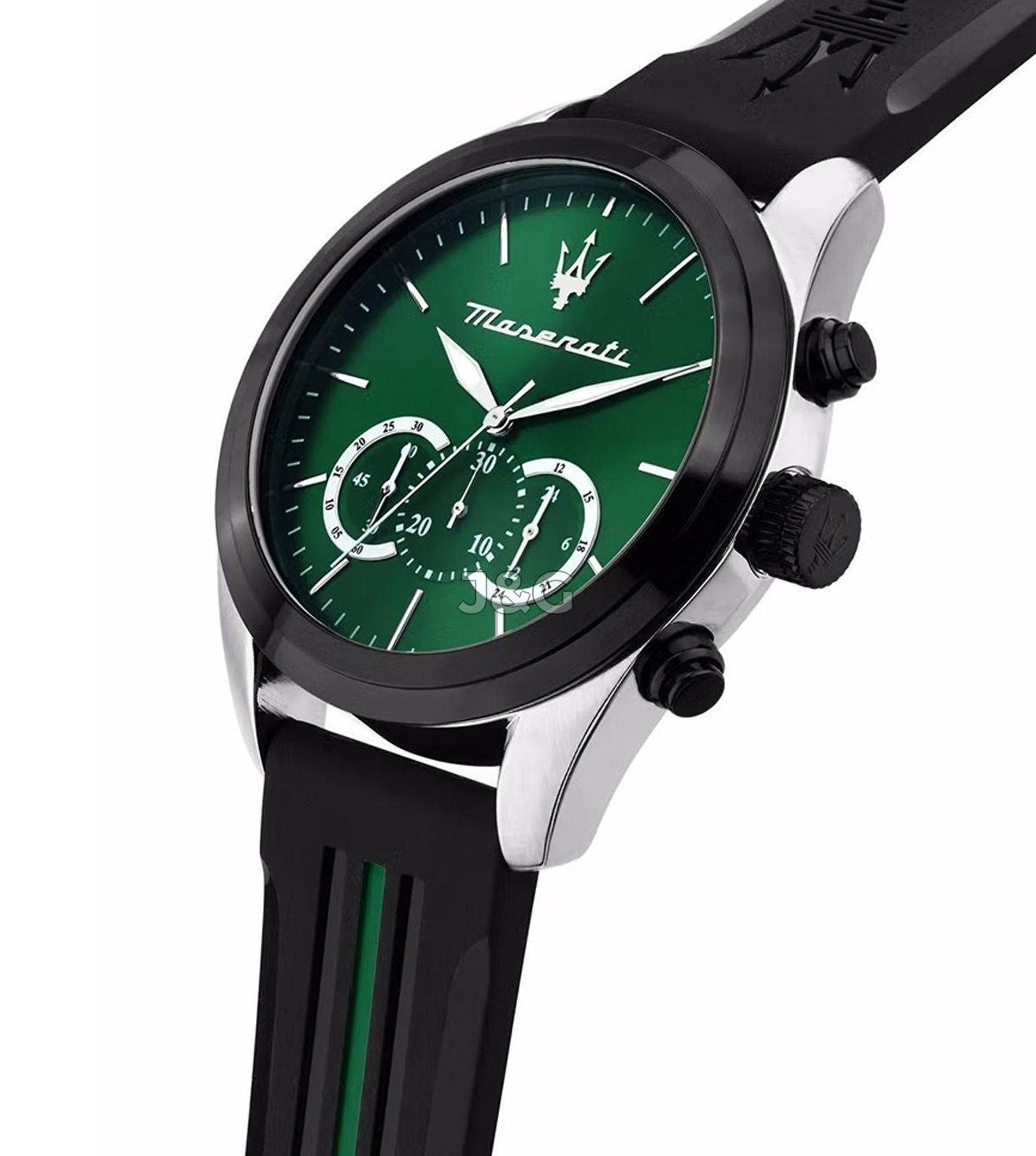 Maserati Traguardo Luminous hands Black Rubber Male R8871612043-. A brand-new Maserati Traguardo watch featuring a Black dial and a Rubber strap. Angled view. - view 4