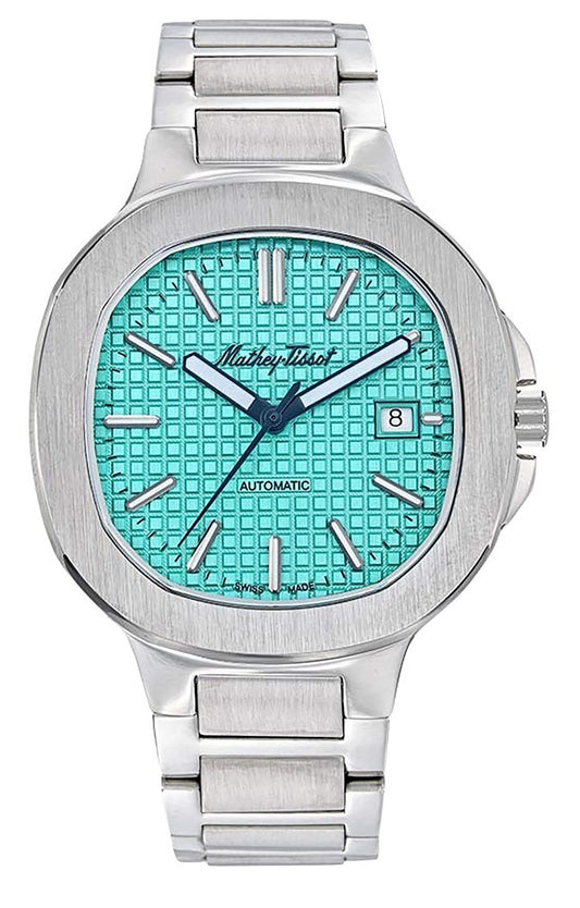 Mathey-Tissot Evasion Stainless Steel Turquoise Dial. A brand-new Mathey-Tissot Evasion watch featuring a Turquoise dial and a Stainless steel strap. Side view.