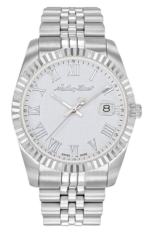 Mathey-Tissot Mathy III Roman Stainless Steel White Dial. A brand-new Mathey-Tissot Mathy watch featuring a White dial and a Stainless steel strap. Front view.