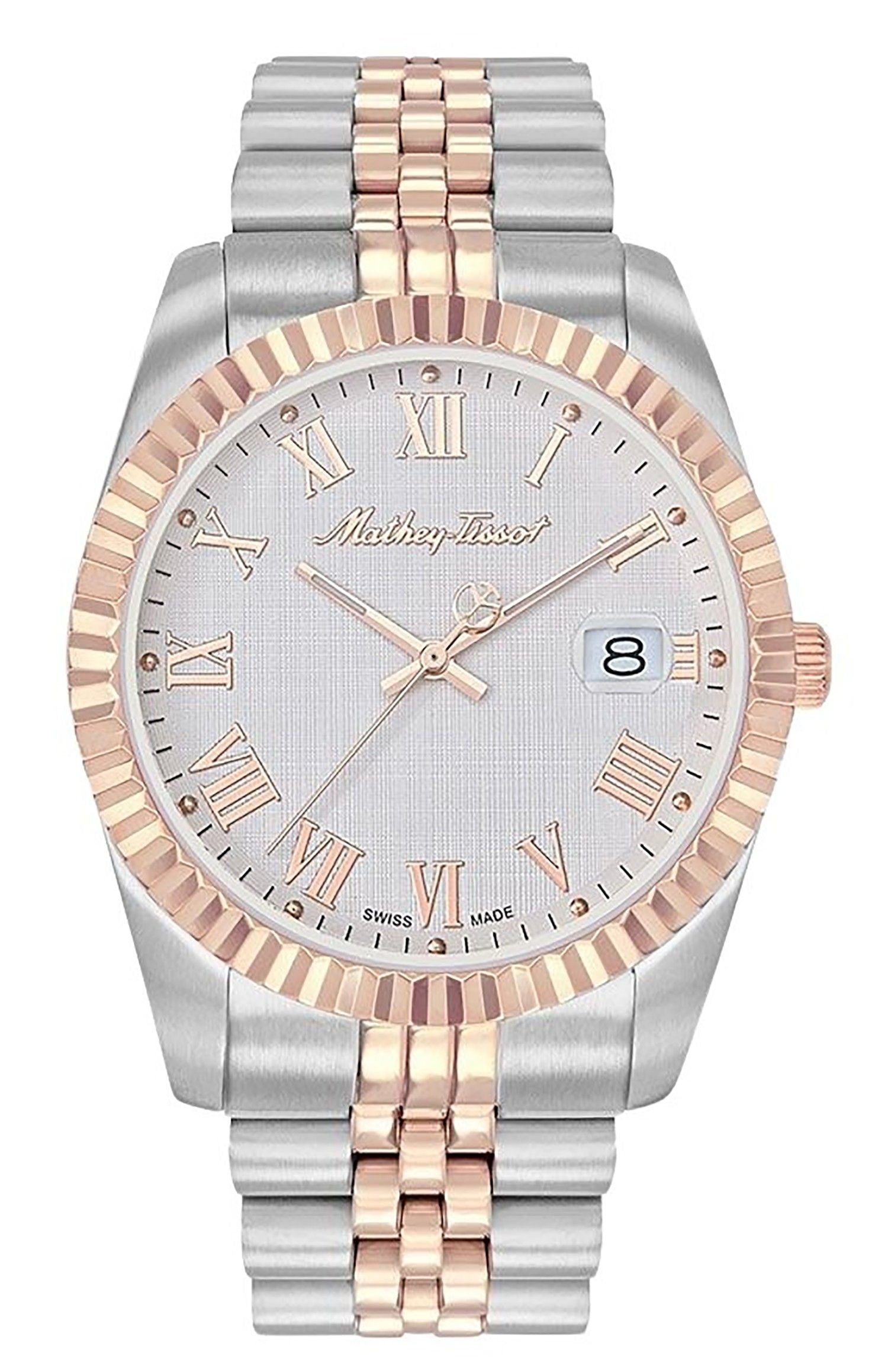 Mathey-Tissot Mathy III Roman Two-Tone Stainless Steel. A brand-new Mathey-Tissot Mathy watch featuring a White dial and a Stainless steel strap. Front view.