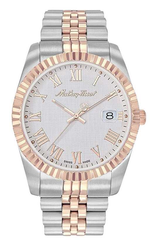 Mathey-Tissot Mathy III Roman Two-Tone Stainless Steel. A brand-new Mathey-Tissot Mathy watch featuring a White dial and a Stainless steel strap. Front view.