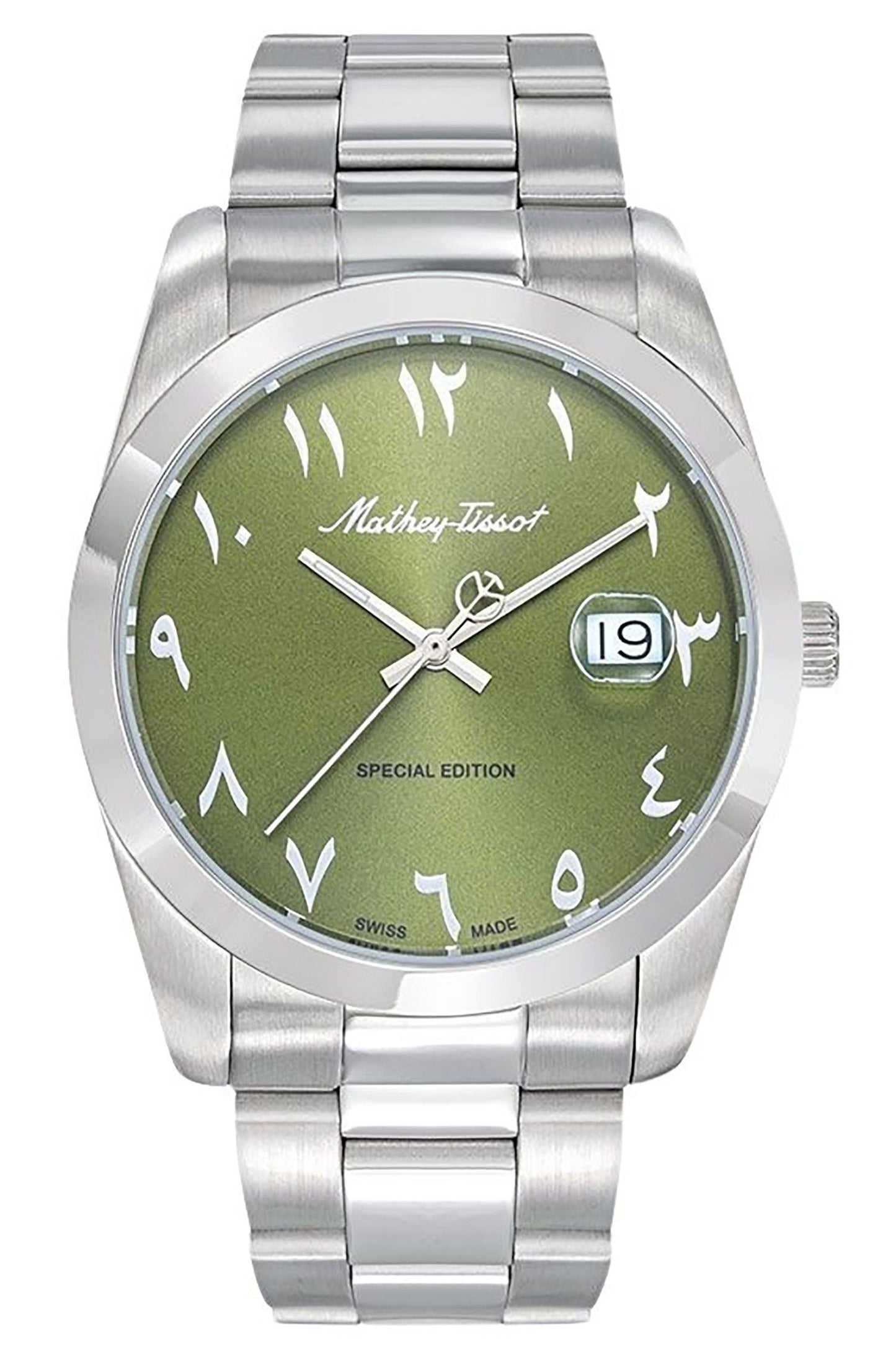 Mathey-Tissot Mathy Orient Special Edition Stainless Steel. A brand-new Mathey-Tissot Mathy watch featuring a Green dial and a Stainless steel strap. Side view.