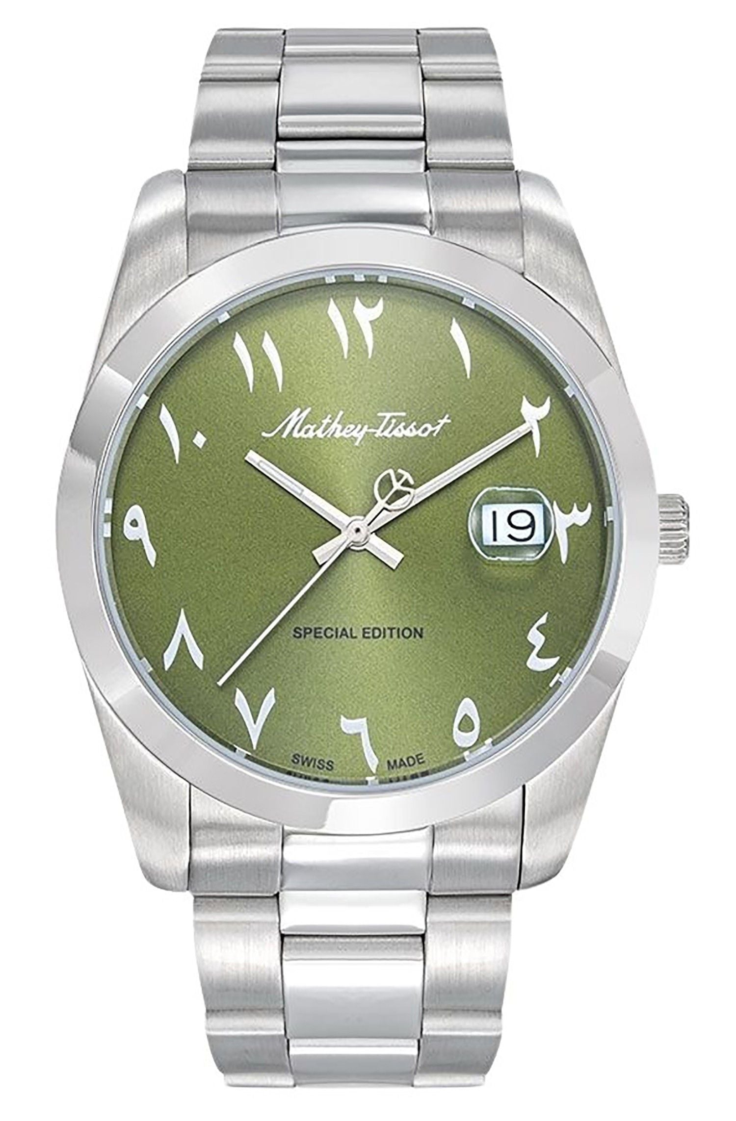 Mathey-Tissot Mathy Orient Special Edition Stainless Steel. A brand-new Mathey-Tissot Mathy watch featuring a Green dial and a Stainless steel strap. Side view.