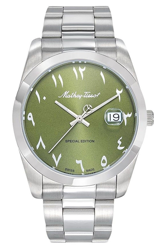 Mathey-Tissot Mathy Orient Special Edition Stainless Steel. A brand-new Mathey-Tissot Mathy watch featuring a Green dial and a Stainless steel strap. Side view.
