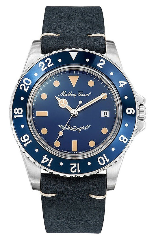 Mathey-Tissot Mathy Vintage Leather Strap Blue Dial Quartz. A brand-new Mathey-Tissot Mathy watch featuring a Blue dial and a Leather strap. Front view.