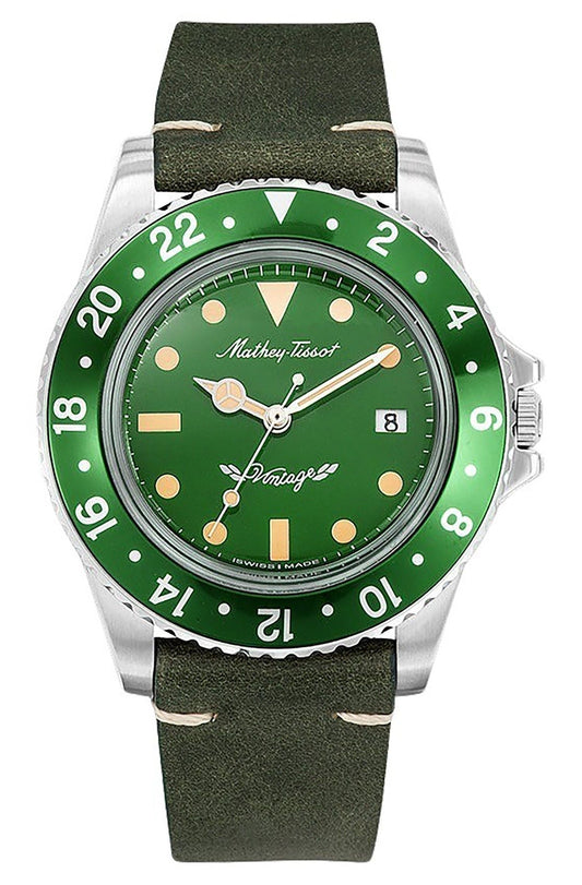 Mathey-Tissot Mathy Vintage Leather Strap Green Dial Quartz. A brand-new Mathey-Tissot Mathy watch featuring a Green dial and a Leather strap. Angled view.