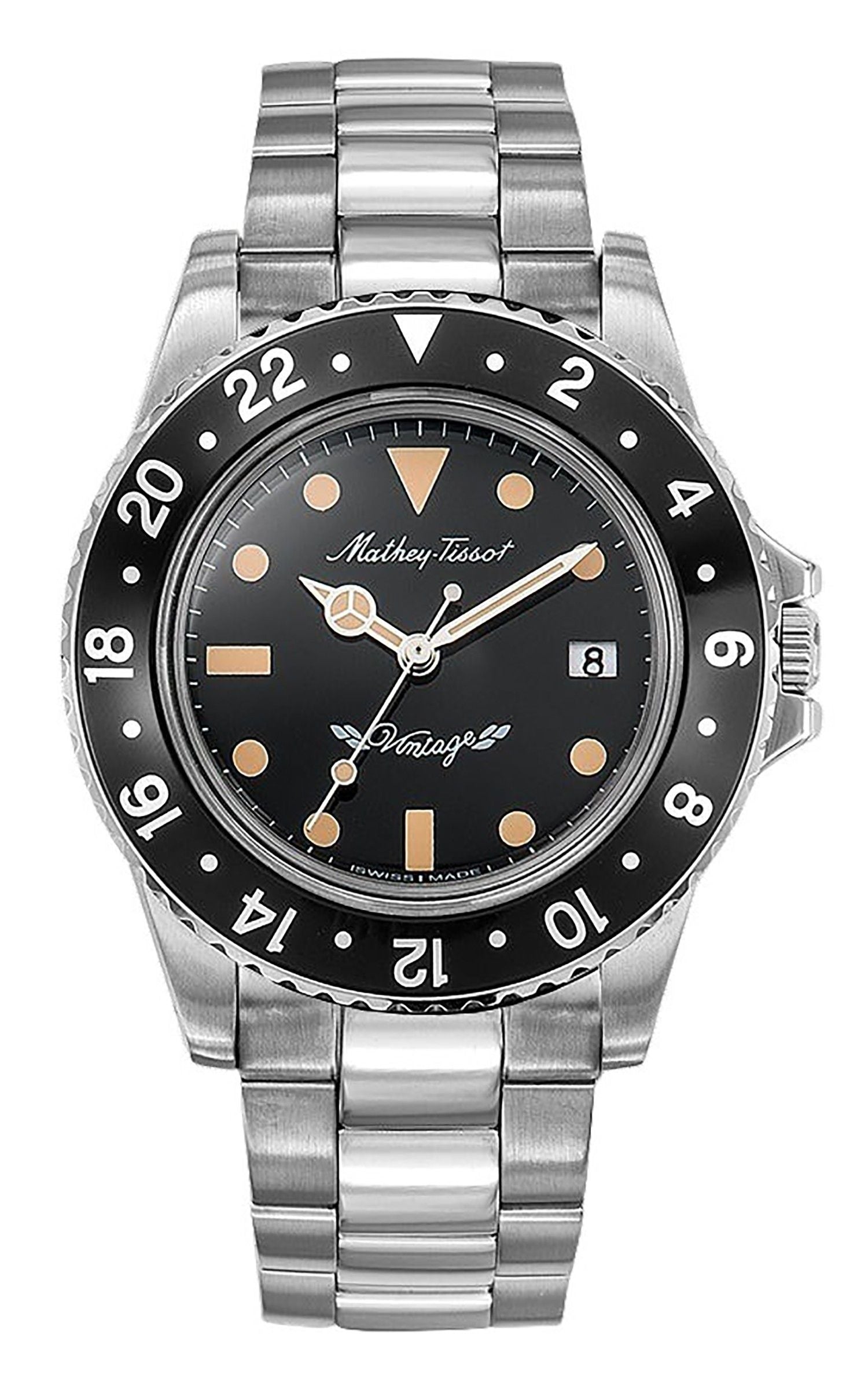 Mathey-Tissot Mathy Vintage Stainless Steel Black Dial. A brand-new Mathey-Tissot Mathy watch featuring a Black dial and a Stainless steel strap. Side view.