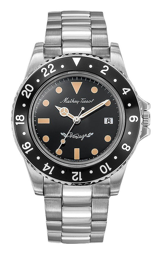 Mathey-Tissot Mathy Vintage Stainless Steel Black Dial. A brand-new Mathey-Tissot Mathy watch featuring a Black dial and a Stainless steel strap. Side view.