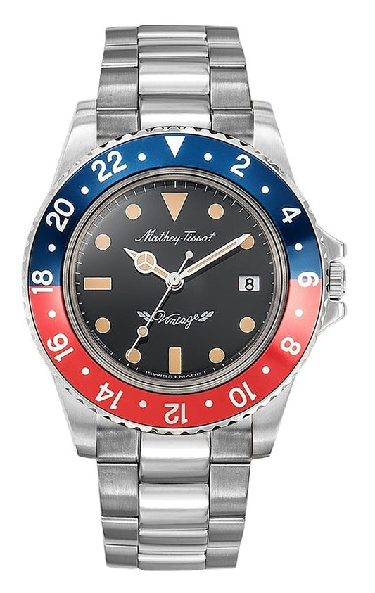 Mathey-Tissot Mathy Vintage Stainless Steel Black Dial. A brand-new Mathey-Tissot Mathy watch featuring a Black dial and a Stainless steel strap. Side view.