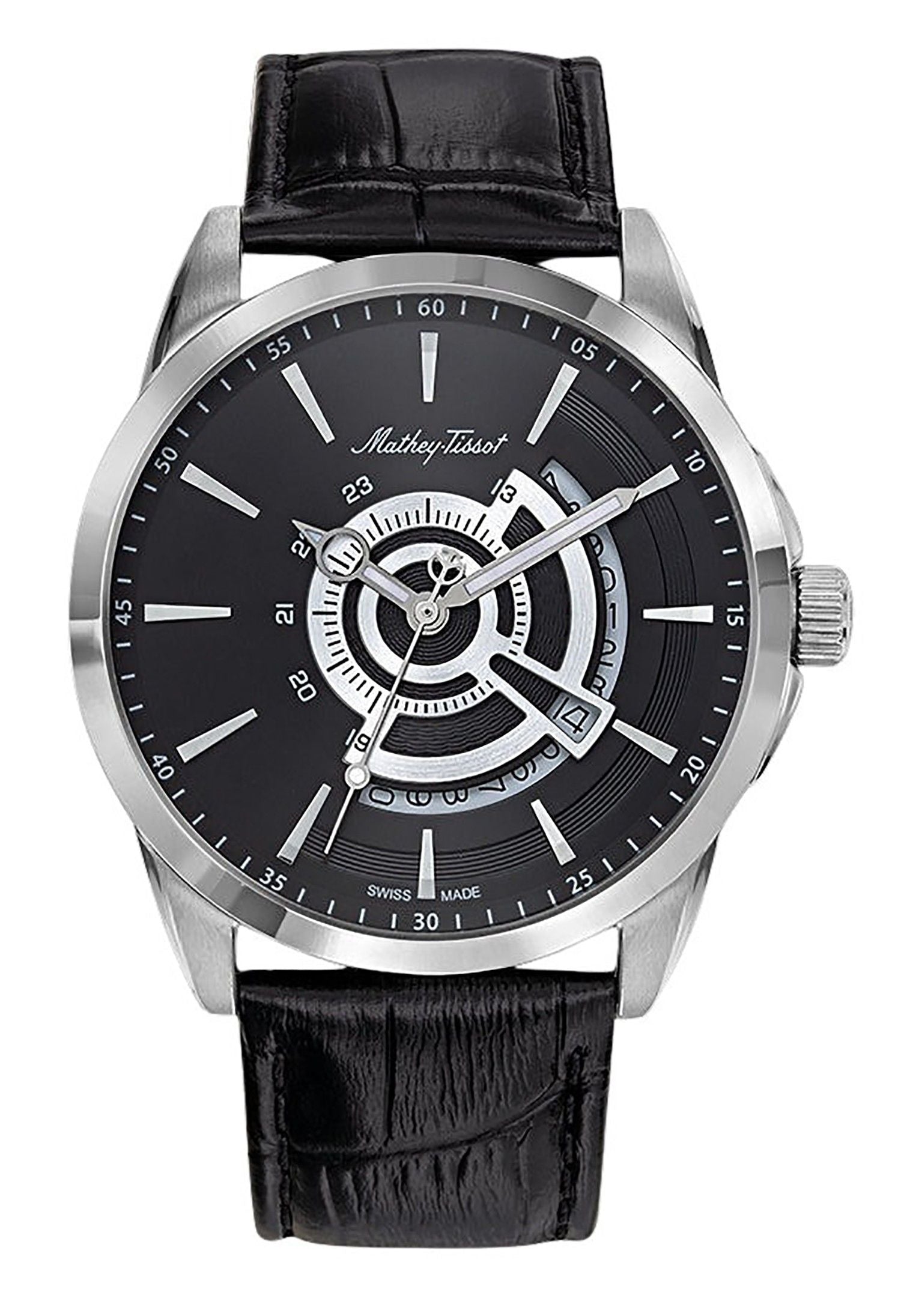 Mathey-Tissot Mondo Leather Strap Black Dial Quartz H711AN. A brand-new Mathey-Tissot Mondo watch featuring a Black dial and a Leather strap. Side view.