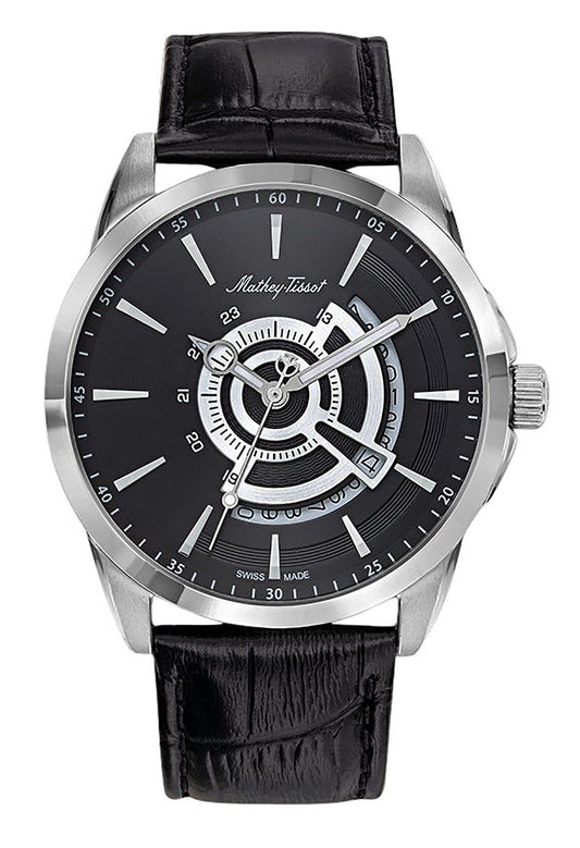 Mathey-Tissot Mondo Leather Strap Black Dial Quartz H711AN. A brand-new Mathey-Tissot Mondo watch featuring a Black dial and a Leather strap. Side view.