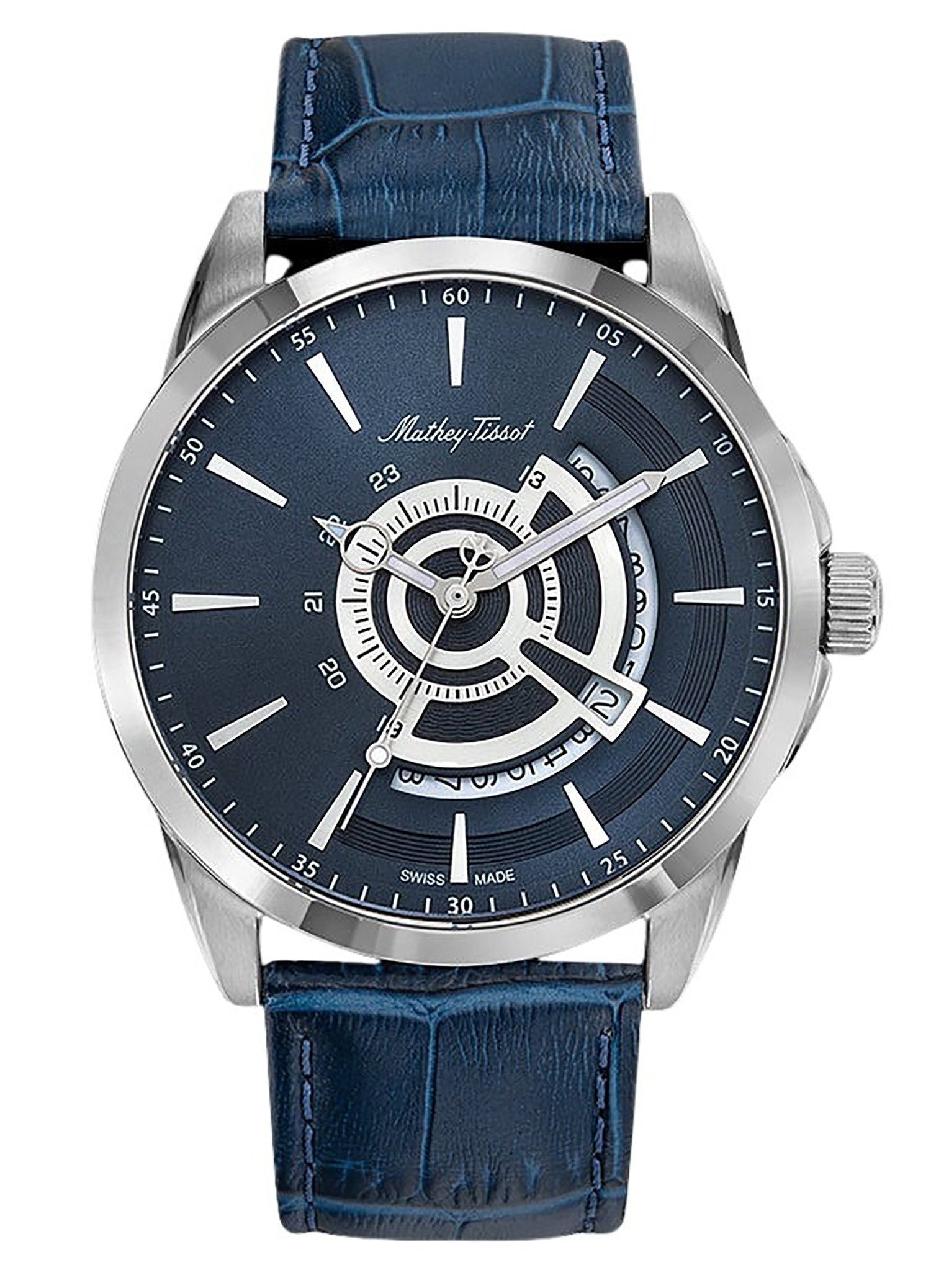 Mathey-Tissot Mondo Leather Strap Blue Dial Quartz H711ABU. A brand-new Mathey-Tissot Mondo watch featuring a Blue dial and a Leather strap. Front view.