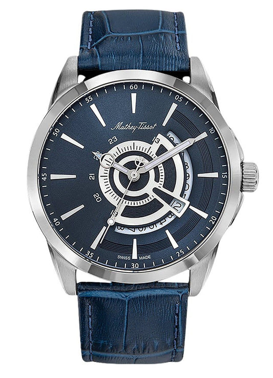 Mathey-Tissot Mondo Leather Strap Blue Dial Quartz H711ABU. A brand-new Mathey-Tissot Mondo watch featuring a Blue dial and a Leather strap. Front view.