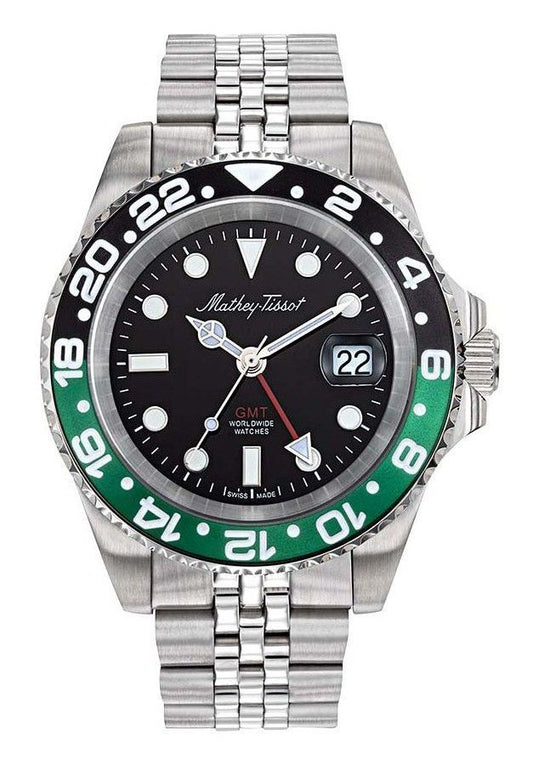 Mathey-Tissot Rolly Mathy Vintage GMT Stainless Steel Black. A brand-new Mathey-Tissot Mathy watch featuring a Black dial and a Stainless steel strap. Front view.