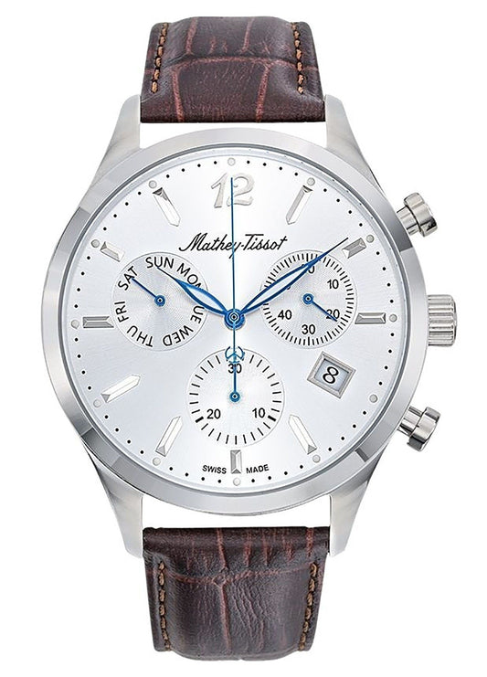 Mathey-Tissot Urban Chrono Leather Strap Silver Dial Quartz. A brand-new Mathey-Tissot Urban watch featuring a Silver dial and a Leather strap. Angled view.