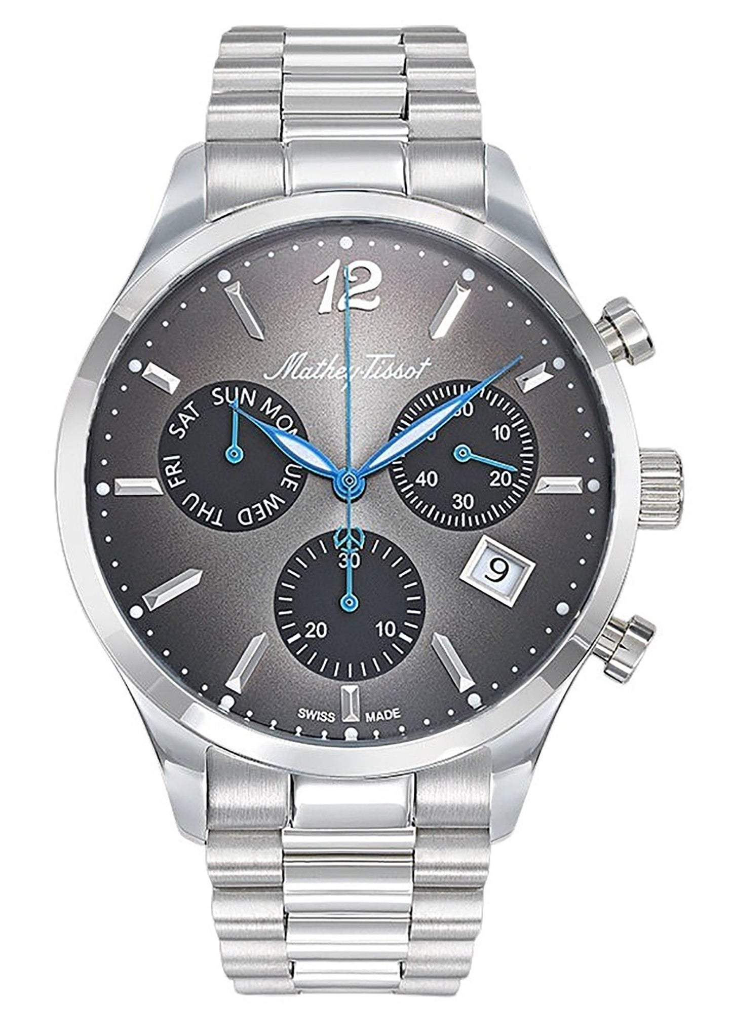 Mathey-Tissot Urban Chrono Stainless Steel Black Dial. A brand-new Mathey-Tissot Urban watch featuring a Black dial and a Stainless steel strap. Side view.