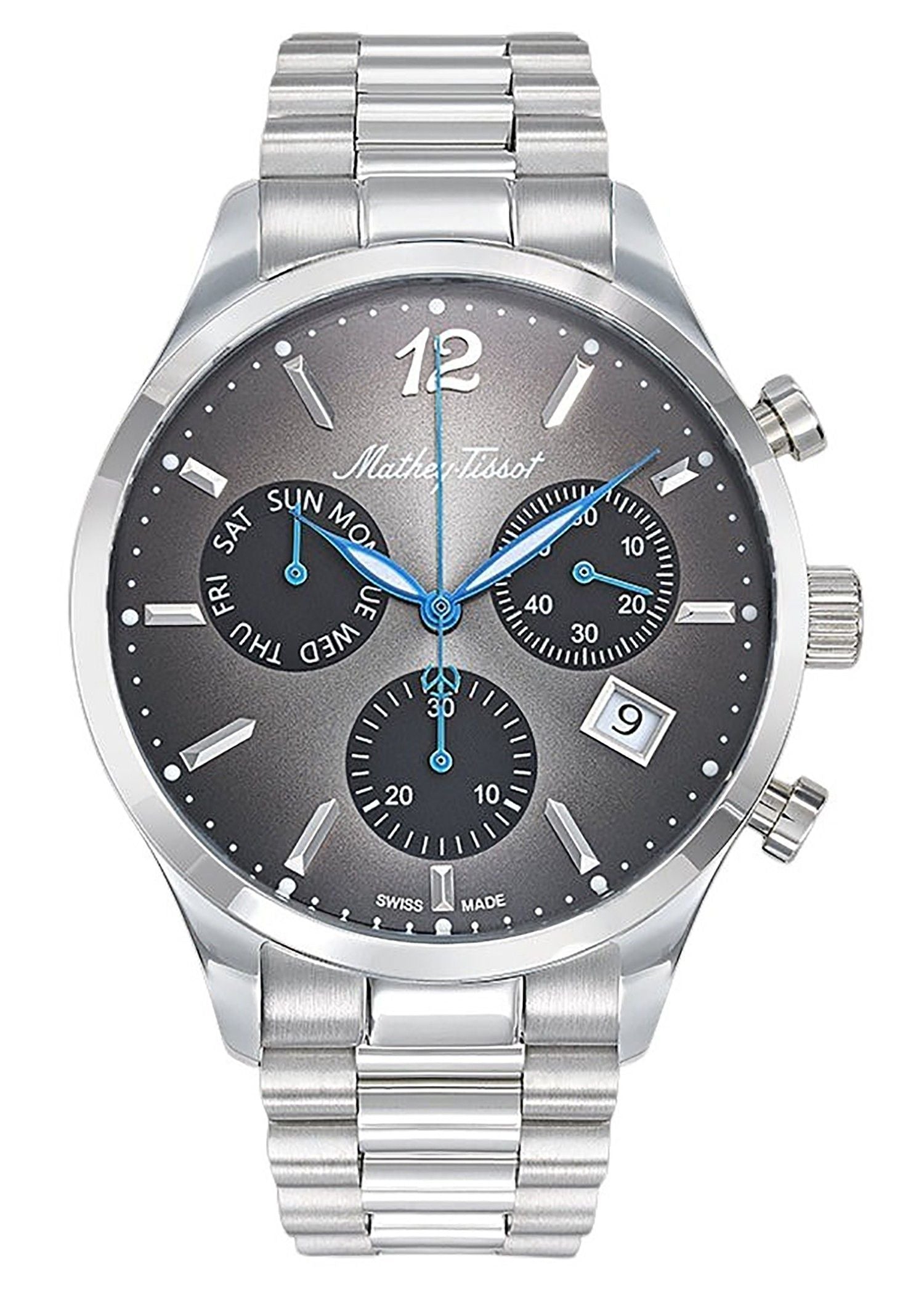 Mathey-Tissot Urban Chrono Stainless Steel Black Dial. A brand-new Mathey-Tissot Urban watch featuring a Black dial and a Stainless steel strap. Side view.