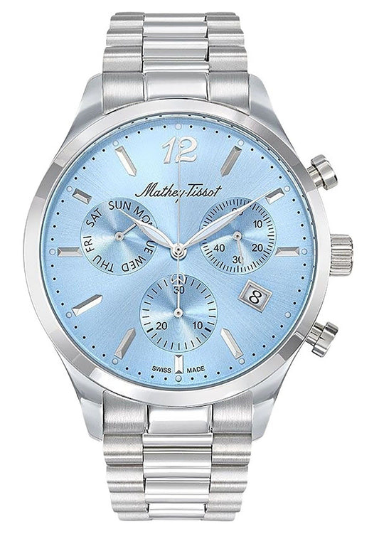 Mathey-Tissot Urban Chrono Stainless Steel Blue Dial Quartz. A brand-new Mathey-Tissot Urban watch featuring a Blue dial and a Stainless steel strap. Side view.