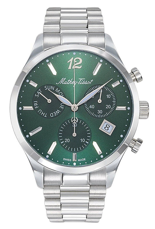 Mathey-Tissot Urban Chrono Stainless Steel Green Dial. A brand-new Mathey-Tissot Urban watch featuring a Green dial and a Stainless steel strap. Side view.
