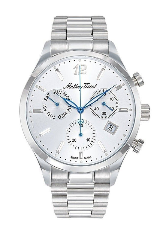 Mathey-Tissot Urban Chrono Stainless Steel Silver Dial. A brand-new Mathey-Tissot Urban watch featuring a Silver dial and a Stainless steel strap. Front view.