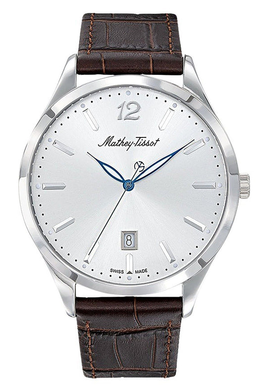 Mathey-Tissot Urban Leather Strap Silver Dial Quartz H411AS. A brand-new Mathey-Tissot Urban watch featuring a Silver dial and a Leather strap. Side view.