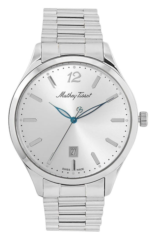 Mathey-Tissot Urban Metal Silver Dial Quartz H411MAS. A brand-new Mathey-Tissot Urban watch featuring a Silver dial and a Stainless steel strap. Side view.