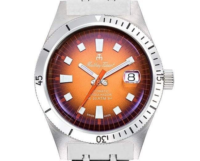 Mathey-Tissot Automatic movement Orange Stainless steel Male MRG3.-.MT. A brand-new Mathey-Tissot watch featuring a Orange dial and a Stainless steel strap. Angled view. - view 2