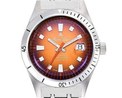 Mathey-Tissot Automatic movement Orange Stainless steel Male MRG3.-.MT. A brand-new Mathey-Tissot watch featuring a Orange dial and a Stainless steel strap. Angled view. - view 2