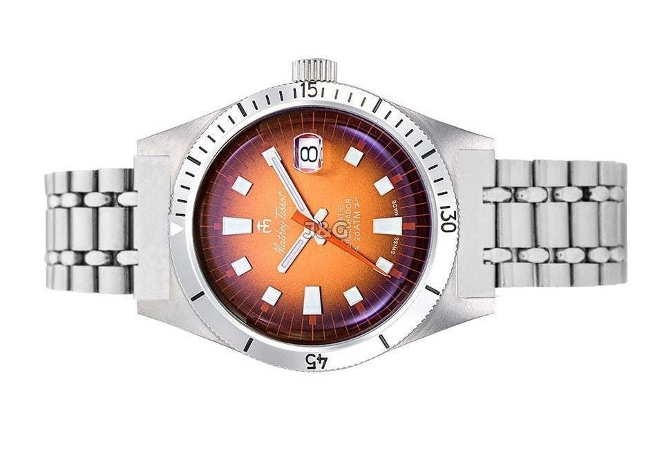 Mathey-Tissot Automatic movement Orange Stainless steel Male MRG3.-.MT. A brand-new Mathey-Tissot watch featuring a Orange dial and a Stainless steel strap. Angled view. - view 3