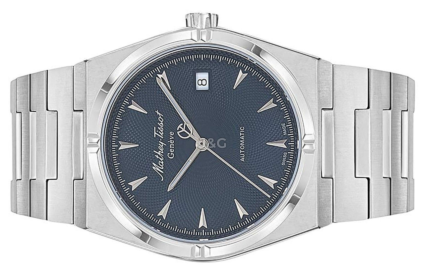 Mathey-Tissot Date display Blue Stainless steel Male H118ATABU.-.MT. A brand-new Mathey-Tissot watch featuring a Blue dial and a Stainless steel strap. Angled view. - view 3