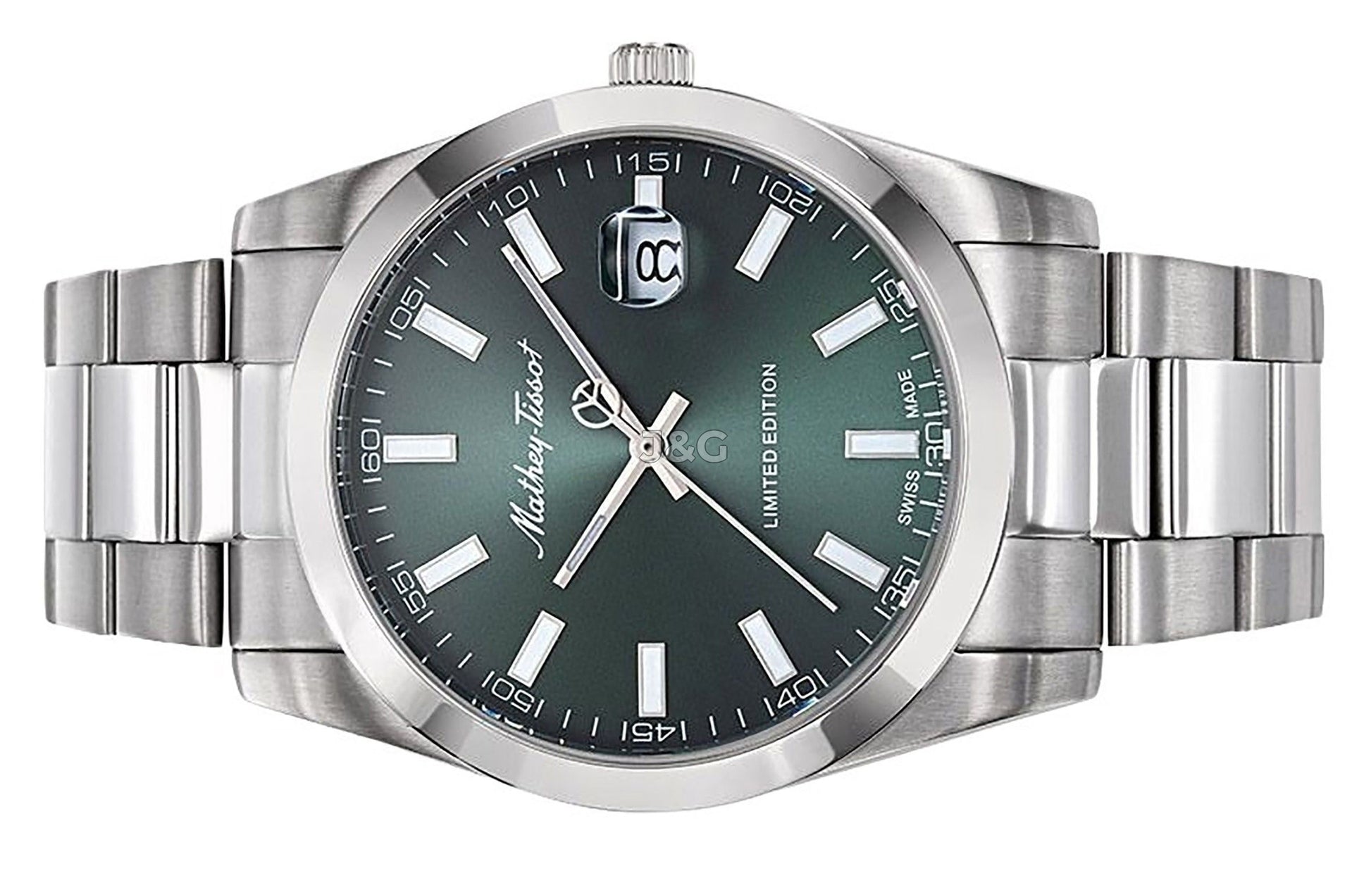 Mathey-Tissot Mathy Sunray Date display Green Stainless steel Male H451VE.-.MT. A brand-new Mathey-Tissot Mathy watch featuring a Green dial and a Stainless steel strap. Front view. - view 3