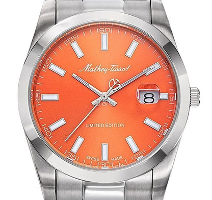 Mathey-Tissot Mathy Sunray Date display Orange Stainless steel Male H451OR.-.MT. A brand-new Mathey-Tissot Mathy watch featuring a Orange dial and a Stainless steel strap. Front view. - view 2