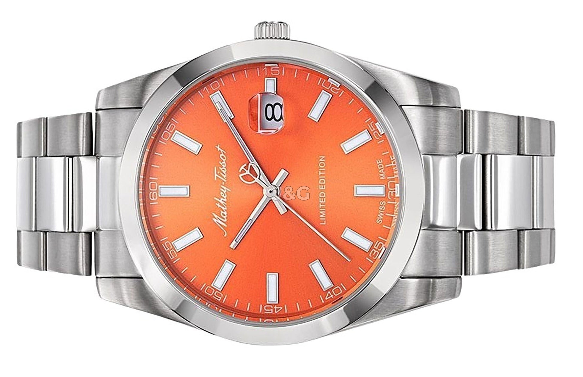 Mathey-Tissot Mathy Sunray Date display Orange Stainless steel Male H451OR.-.MT. A brand-new Mathey-Tissot Mathy watch featuring a Orange dial and a Stainless steel strap. Front view. - view 3