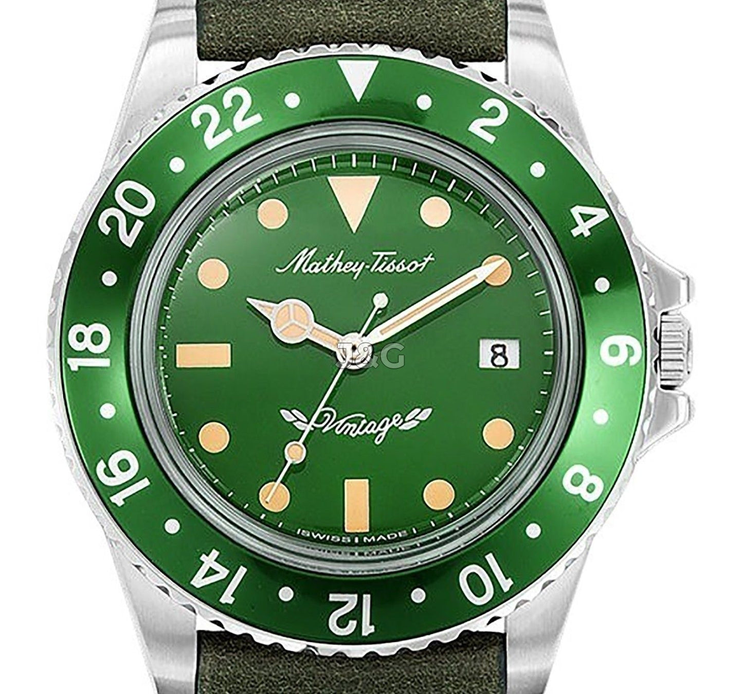 Mathey-Tissot Mathy Vintage Date display Green Leather Male H900ALV.-.MT. A brand-new Mathey-Tissot Mathy watch featuring a Green dial and a Leather strap. Angled view. - view 2