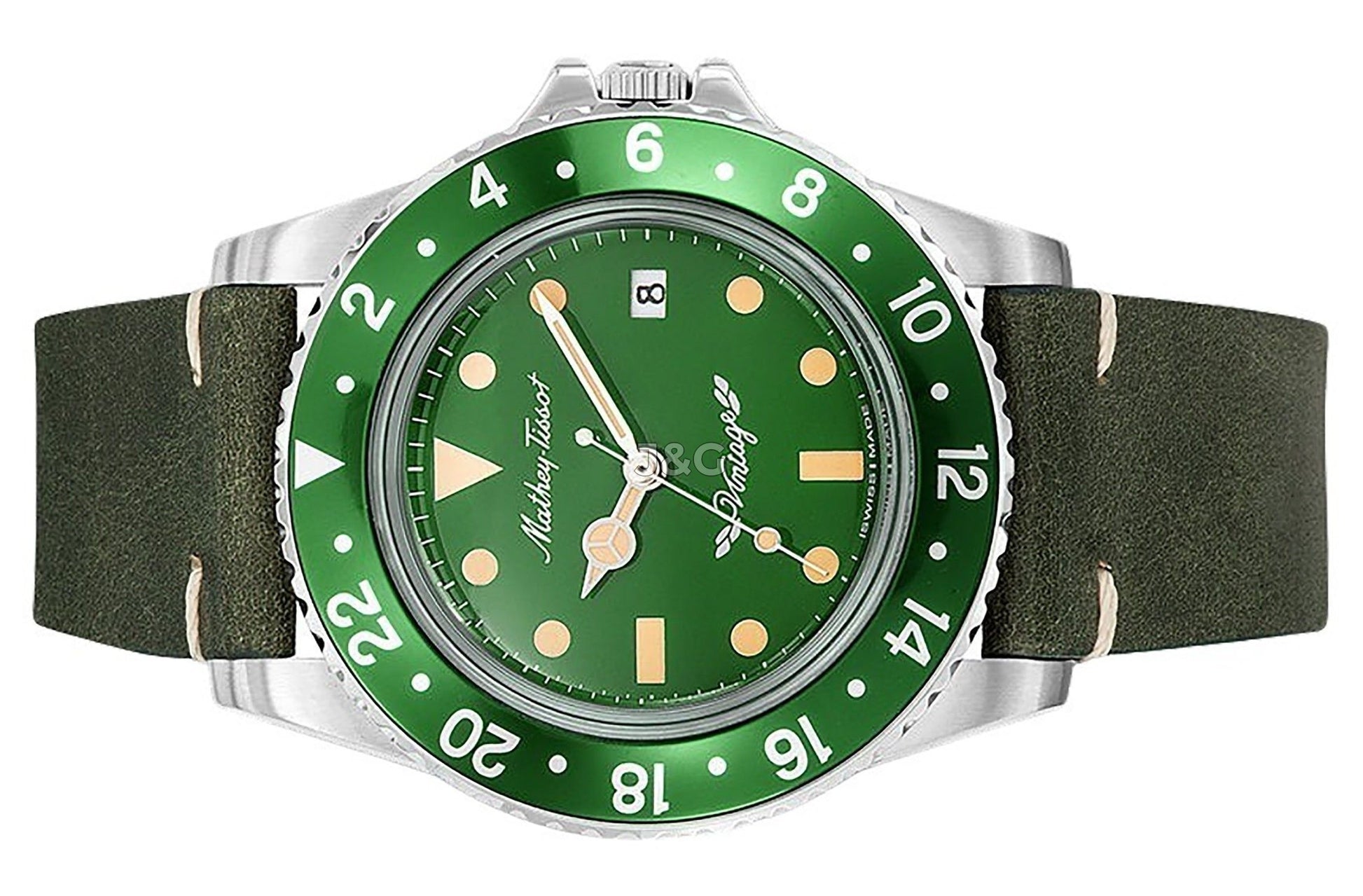 Mathey-Tissot Mathy Vintage Date display Green Leather Male H900ALV.-.MT. A brand-new Mathey-Tissot Mathy watch featuring a Green dial and a Leather strap. Angled view. - view 3
