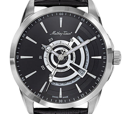 Mathey-Tissot Mondo Date display Black Leather Male H711AN.-.MT. A brand-new Mathey-Tissot Mondo watch featuring a Black dial and a Leather strap. Front view. - view 2