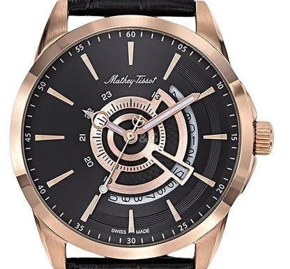 Mathey-Tissot Mondo Date display Black Leather Male H711PN.-.MT. A brand-new Mathey-Tissot Mondo watch featuring a Black dial and a Leather strap. Angled view. - view 2