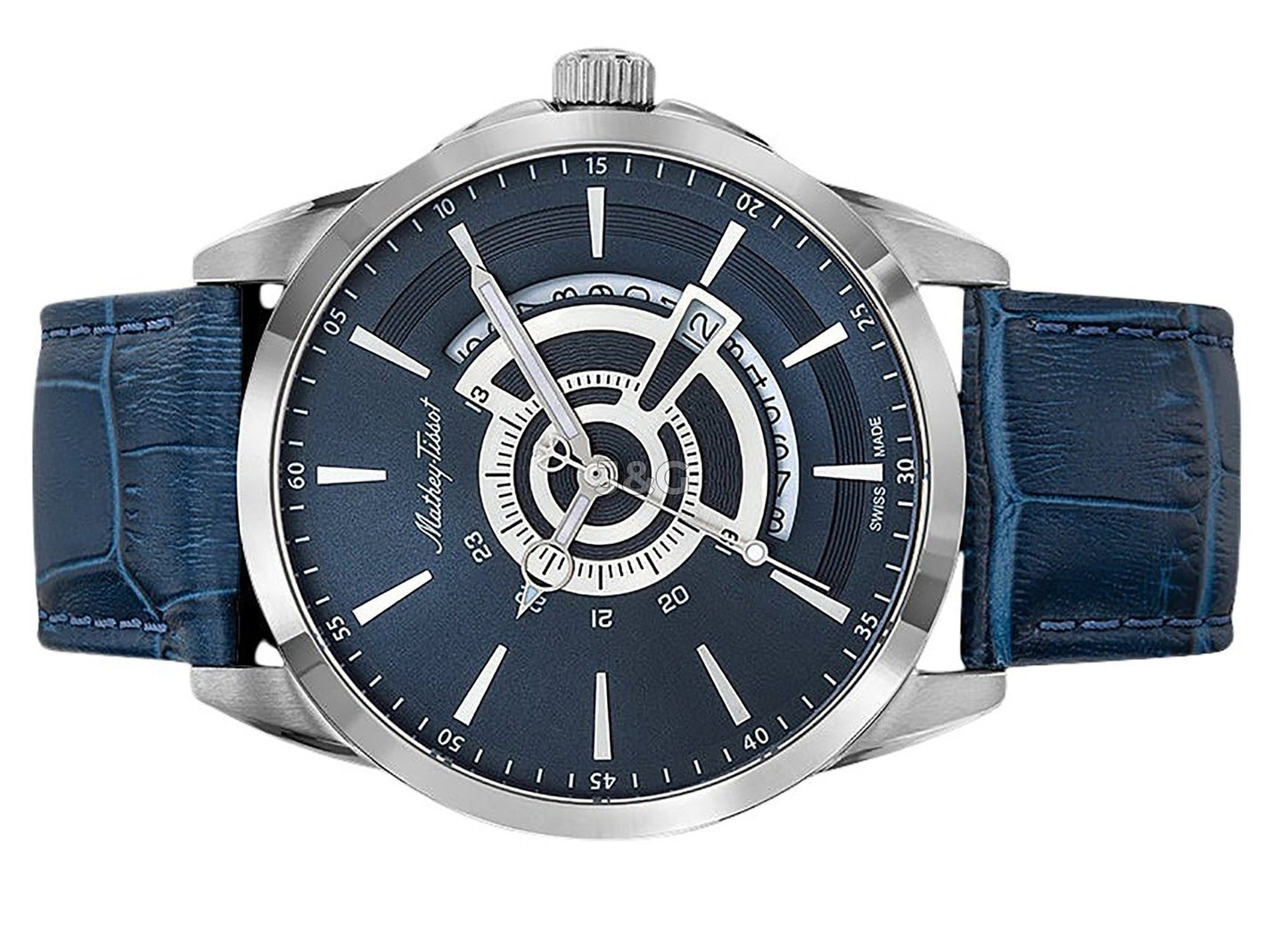 Mathey-Tissot Mondo Date display Blue Leather Male H711ABU.-.MT. A brand-new Mathey-Tissot Mondo watch featuring a Blue dial and a Leather strap. Side view. - view 3