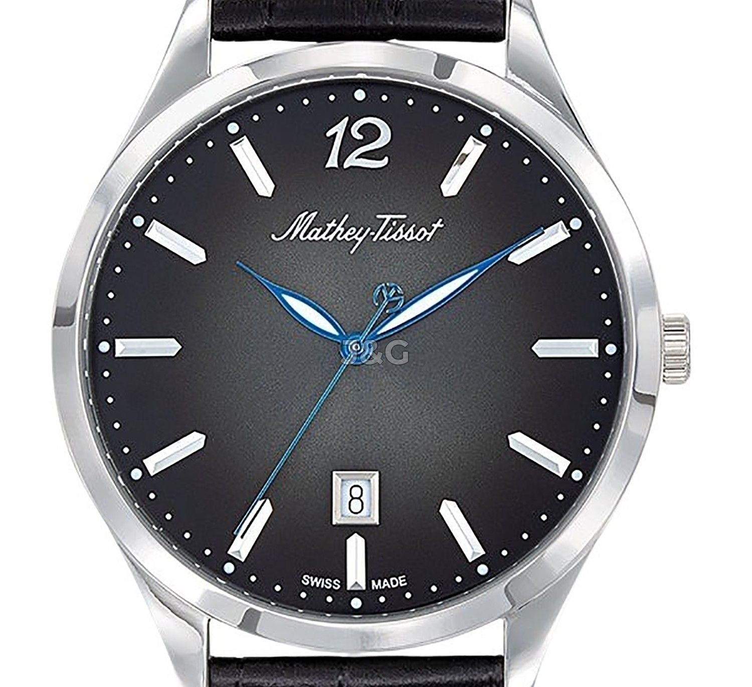 Mathey-Tissot Urban Date display Black Leather Male H411AN.-.MT. A brand-new Mathey-Tissot Urban watch featuring a Black dial and a Leather strap. Angled view. - view 2