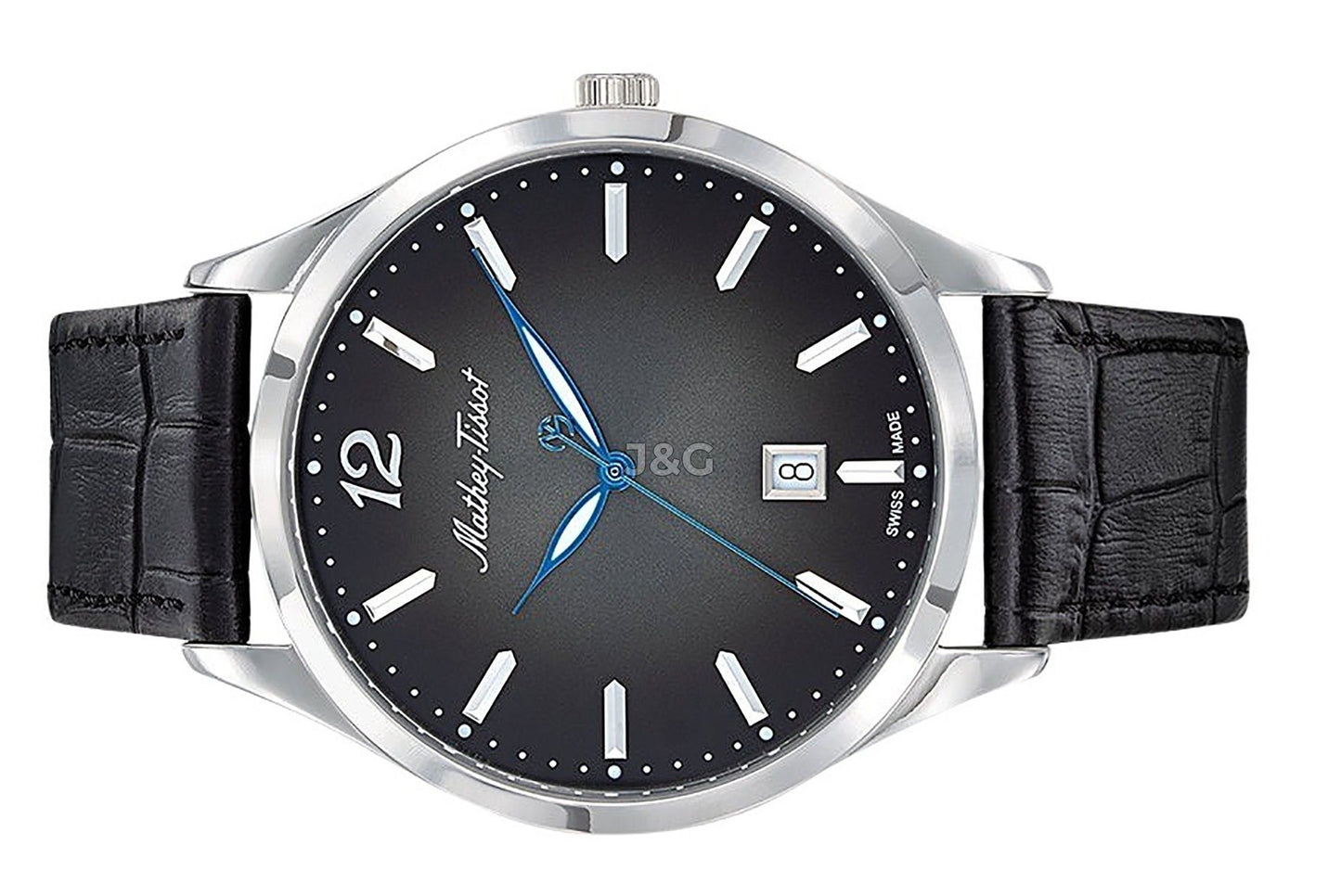 Mathey-Tissot Urban Date display Black Leather Male H411AN.-.MT. A brand-new Mathey-Tissot Urban watch featuring a Black dial and a Leather strap. Angled view. - view 3