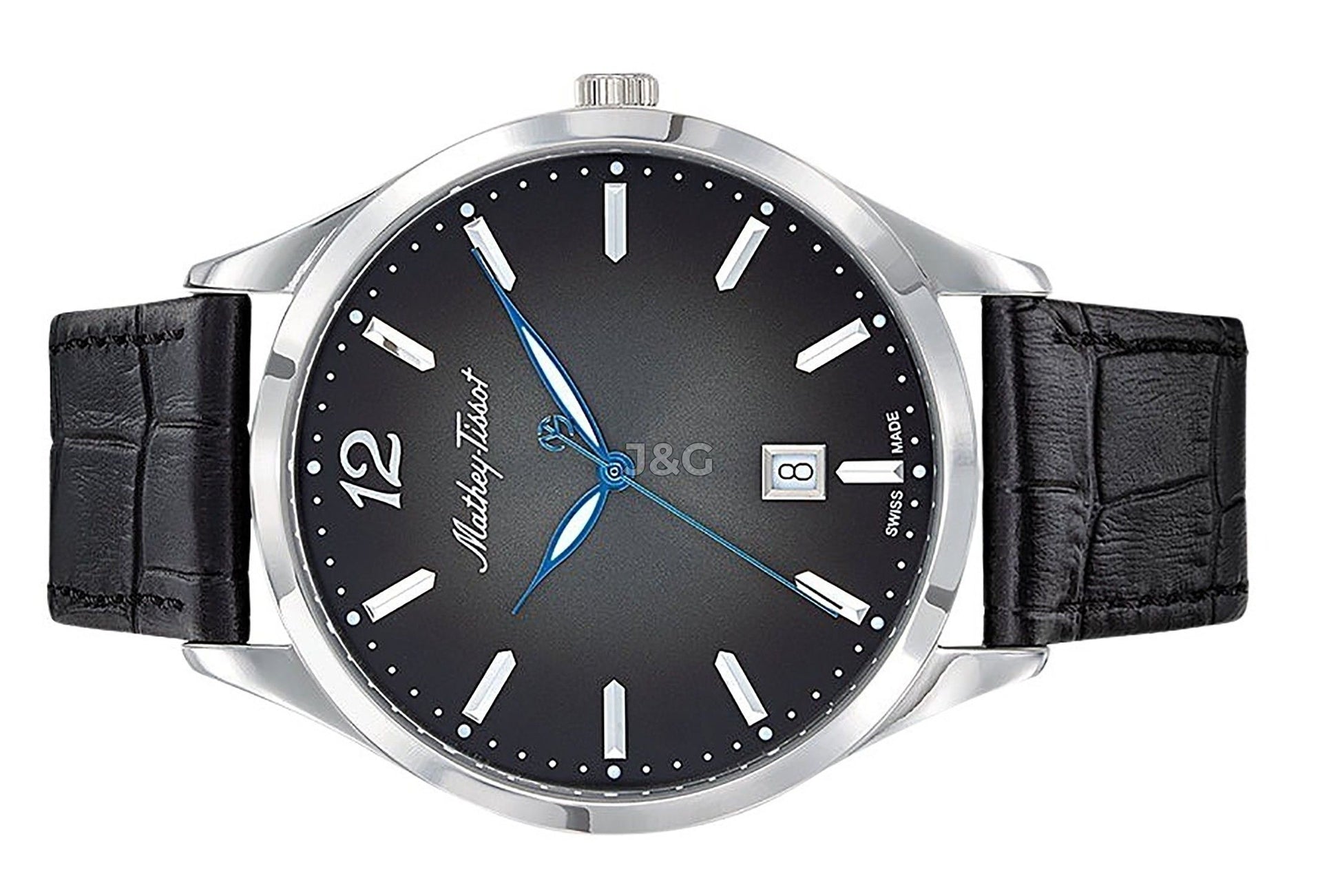 Mathey-Tissot Urban Date display Black Leather Male H411AN.-.MT. A brand-new Mathey-Tissot Urban watch featuring a Black dial and a Leather strap. Angled view. - view 3