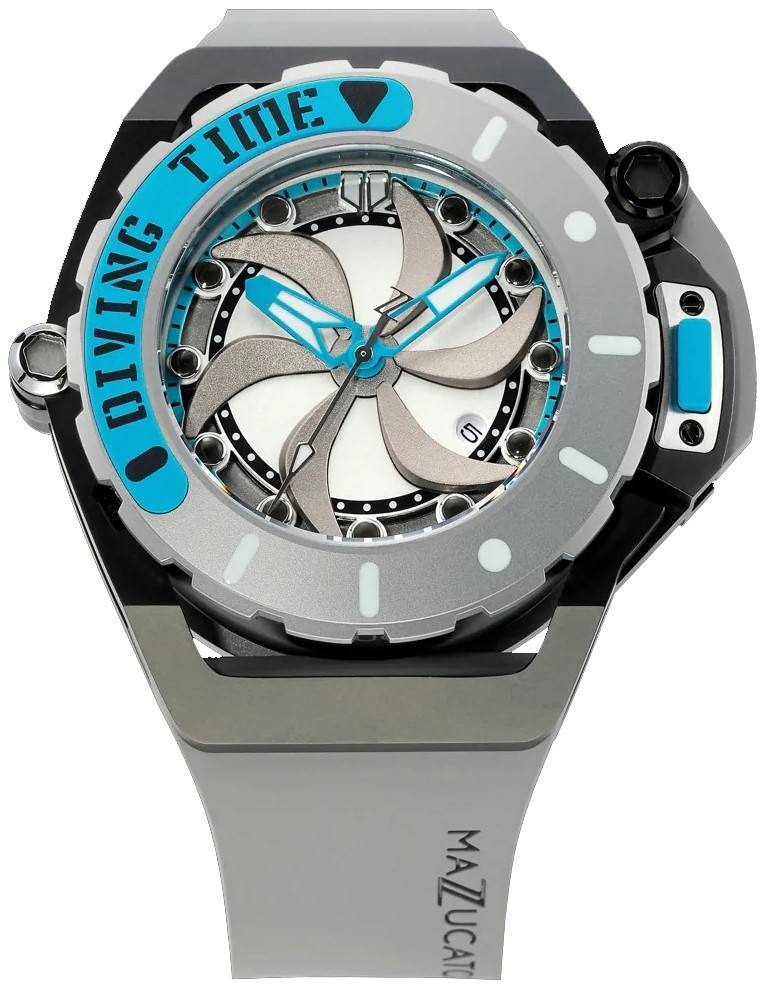 Mazzucato RIM Scuba Blue Grey Reversible Twin Dial. A brand-new Mazzucato RIM watch featuring a Stainless steel strap. Angled view.