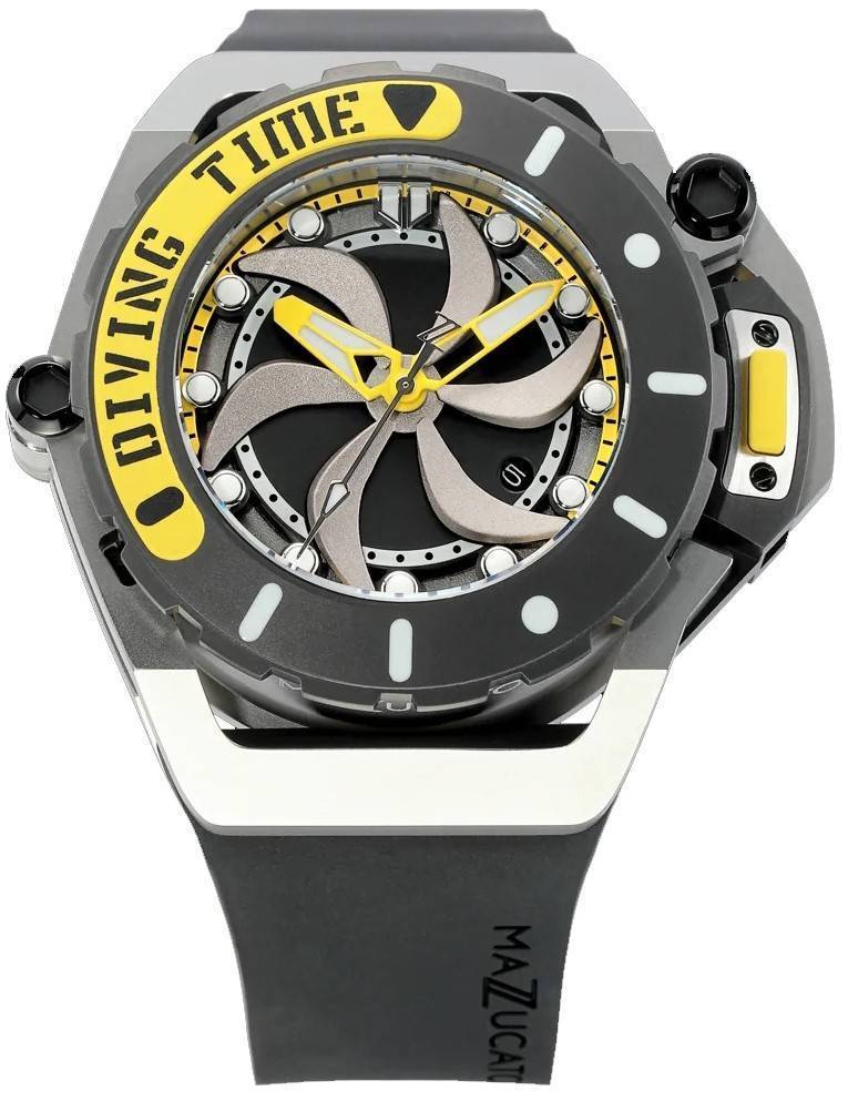 Mazzucato RIM Scuba Yellow Reversible Twin Dial Automatic. A brand-new Mazzucato RIM watch featuring a Stainless steel strap. Front view.